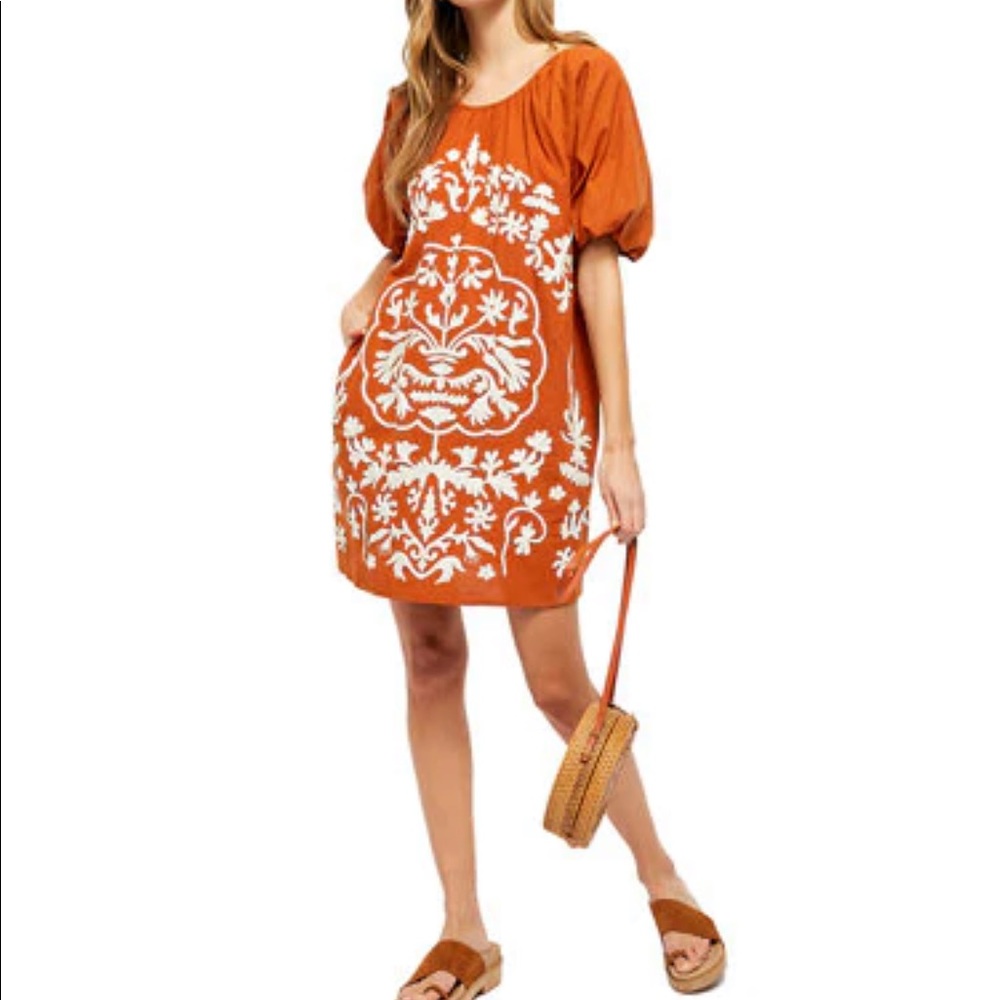 ✨HP✨FREE PEOPLE Embroidered Fiona Midi Dress Deep Ochre XS